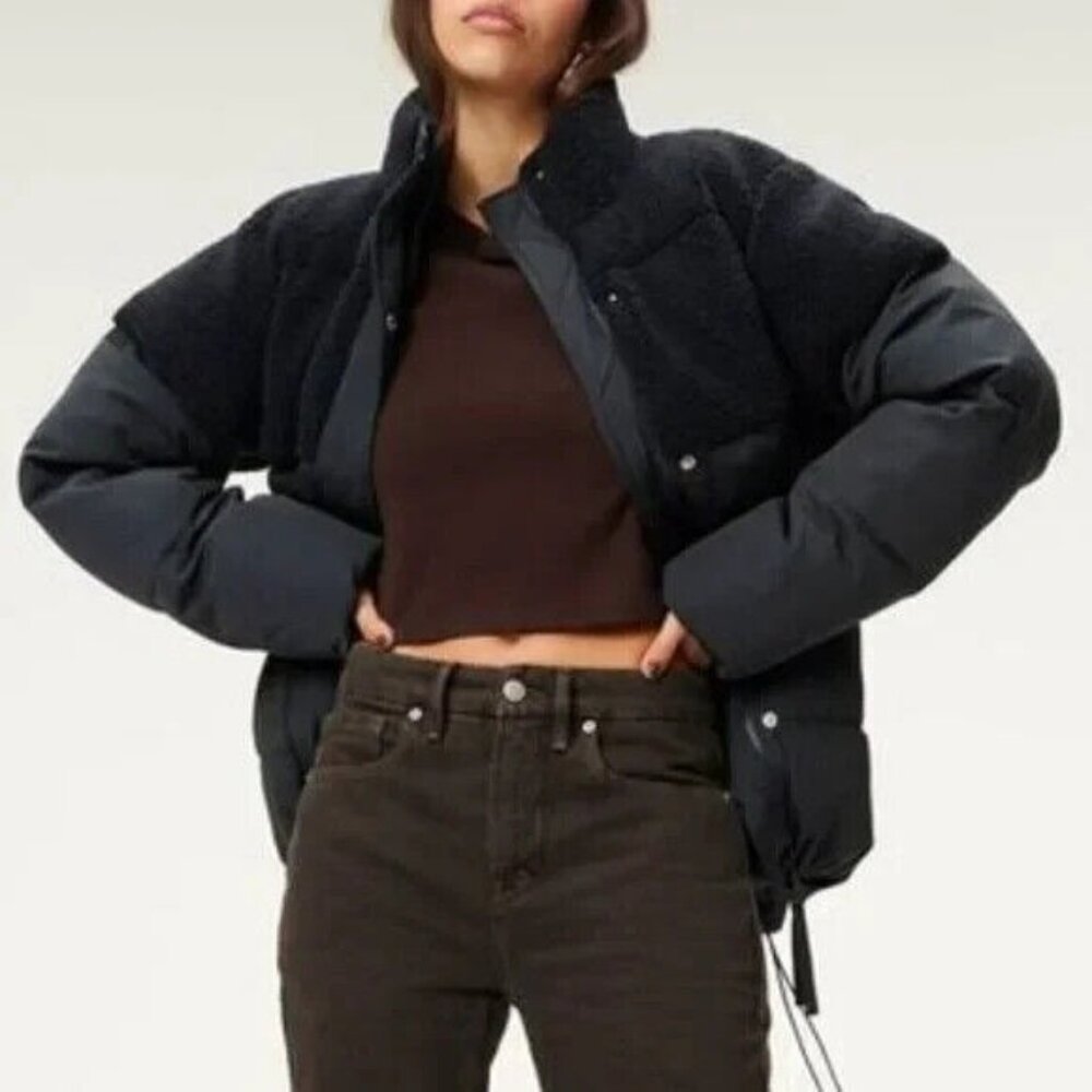 Good American 90s Sherpa Trucker Jacket Mix Blue Shearling Oversized Size 4 XL